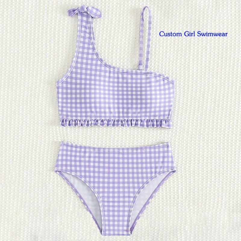 OEKO TEX New Summer Kids Split Swimsuit Girls Bikini Sets High Waist Purple Plaid Children Swimwear Bathing Suit