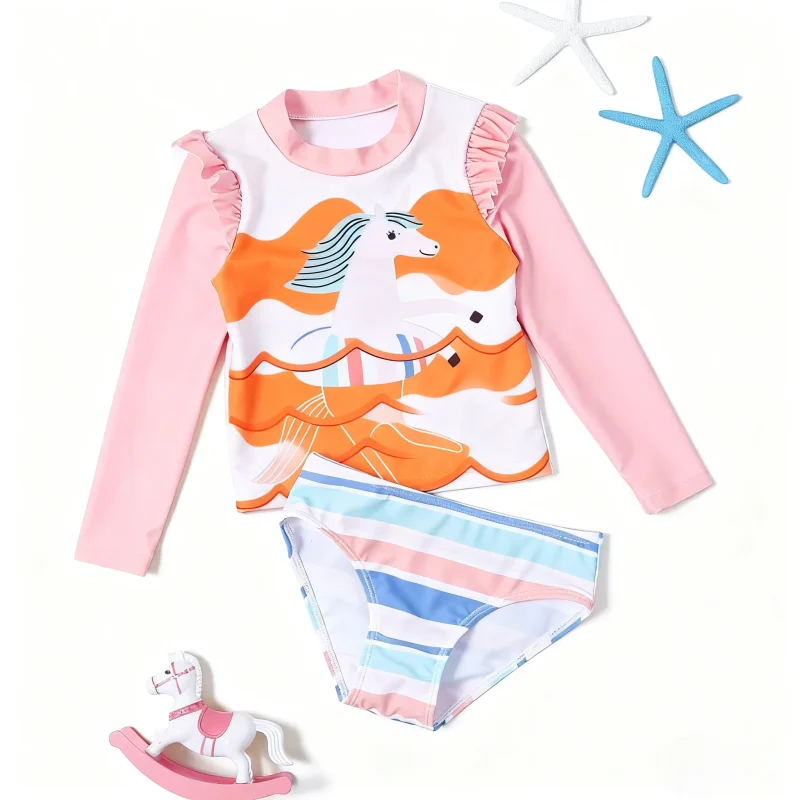 Long Sleeves 2 Piece Sets Swimming Costumes and Bathing Suits for Young and Teen Girls and Baby Girls