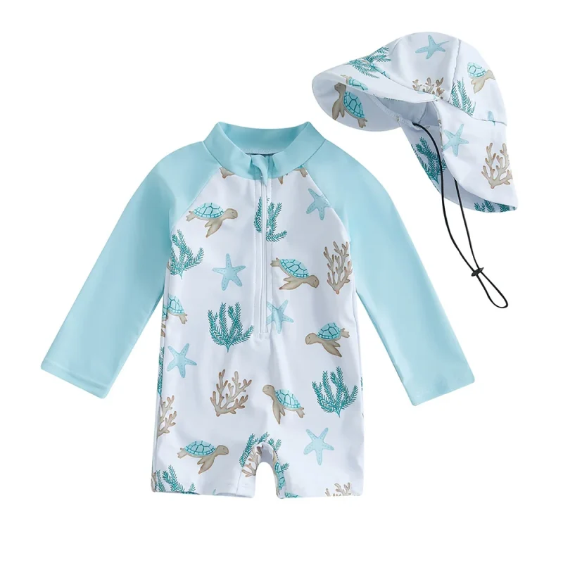 OEKO TEX Animal Print Baby Swimwear Custom Children Swimsuit UV50 One Piece Beach Wear Girls Bathing Suit With Sun Hat