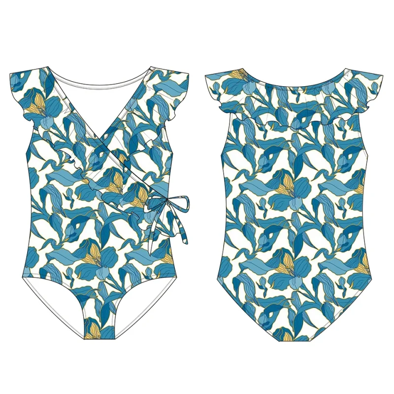 OEKO TEX Eco Friendly Kids UV Swimwear Ruffled V Neck Quick Dry Repreve Toddler Girl One Piece Swimsuits