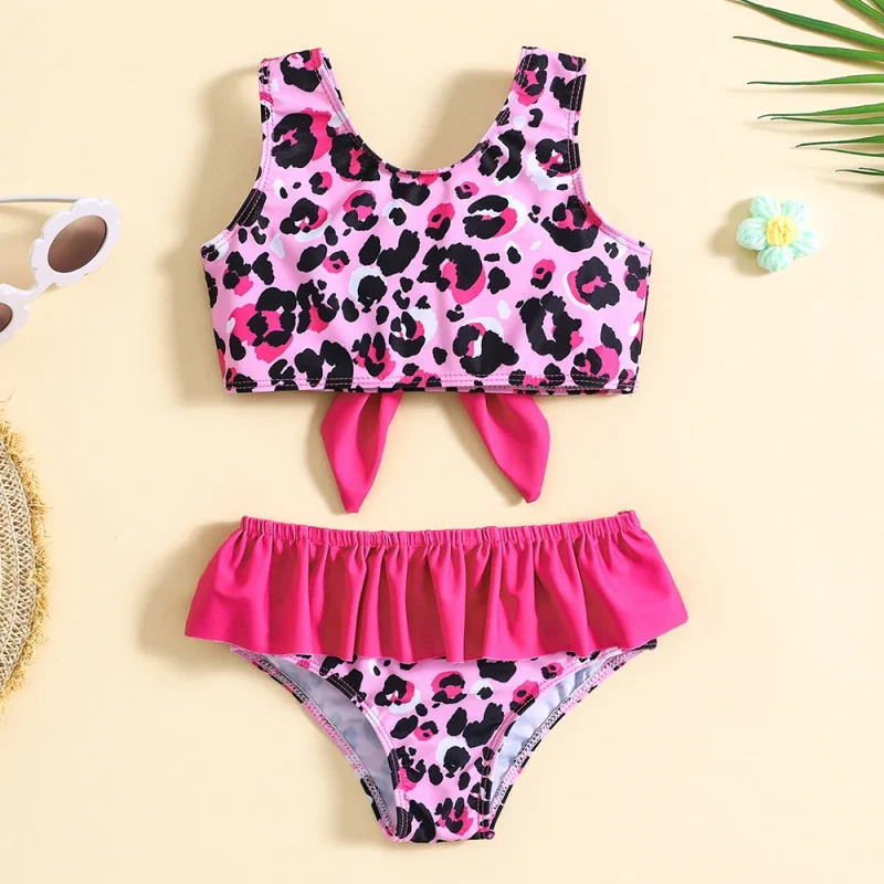 OEKO TEX Leopard Print Girls Butterfly Swimsuit Set Two Piece Bikini Custom Beachwear Upf 50 Kids Swimwear