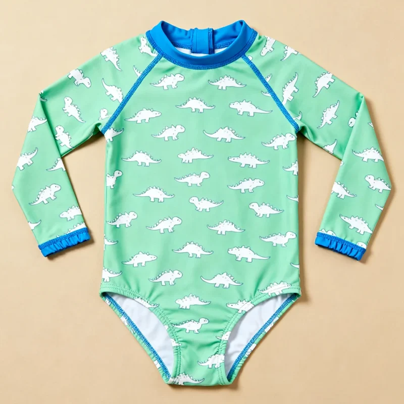 OEKO TEX Custom Children Rash Guard Sustaniable Fabric Sun Protection Eco Friendly Long Sleeve Girl One Piece Swimsuit for Beach